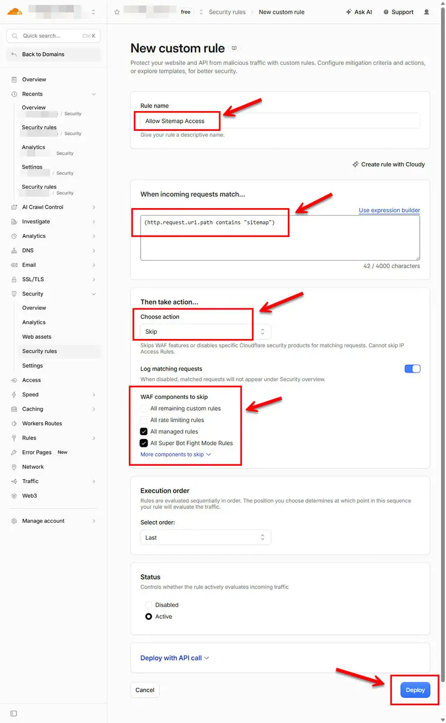 Cloudflare dashboard setting up a WAF custom rule named Allow Sitemap Access. It shows an expression matching sitemap URI paths, selecting the Skip action, checking options for All managed rules and All Super Bot Fight Mode Rules under WAF components to skip, and highlighting the blue Deploy button at the bottom.