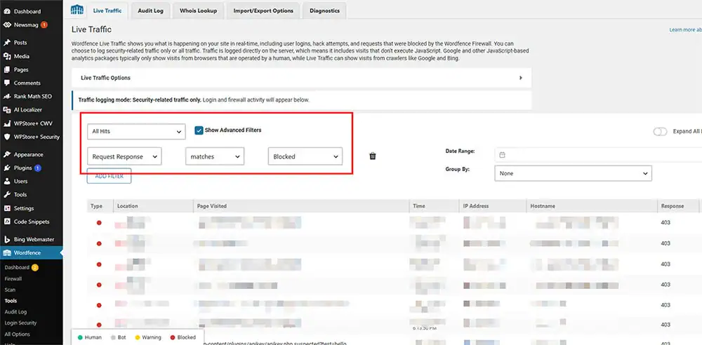 A screenshot of the Wordfence Security plugin Live Traffic tool in WordPress. A red rectangle highlights advanced filter controls set to find Blocked request responses, showing how administrators inspect security logs to check if Googlebot or sitemap requests are being accidentally blocked by the firewall with HTTP 403 errors.