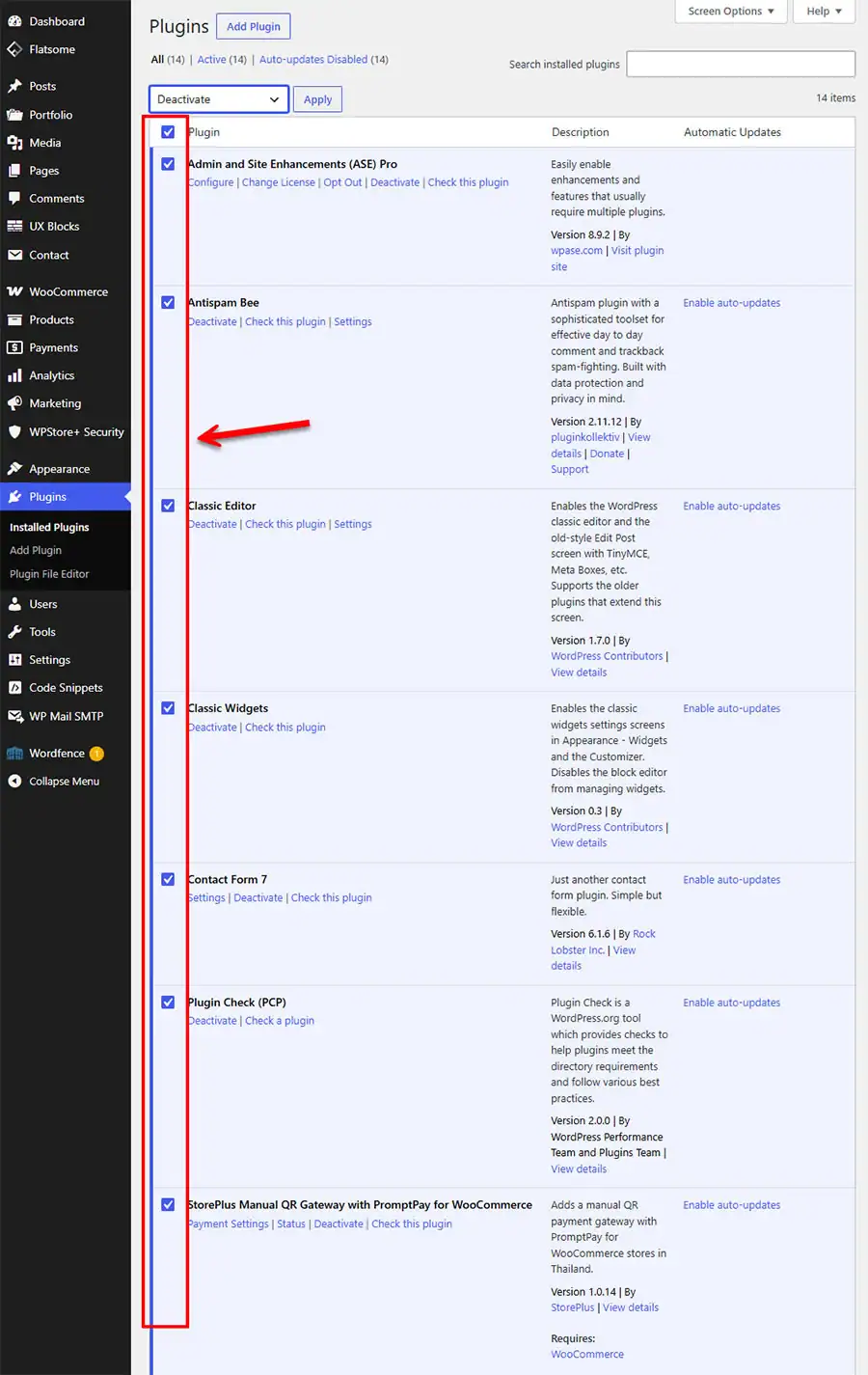 A screenshot of the Installed Plugins page in the WordPress dashboard. A long red outline and arrow highlight the bulk selection checkboxes next to all active plugins, demonstrating how to select every plugin at once for bulk deactivation to troubleshoot potential plugin conflicts causing XML sitemap errors.