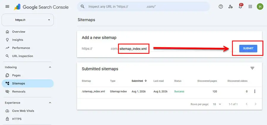 A Google Search Console dashboard interface displaying the Sitemaps report page. A red box highlights the sitemap_index.xml input field with a red arrow pointing directly to the blue Submit button. Below, the Submitted sitemaps section shows a successfully processed sitemap index with a green Success status and discovered pages.