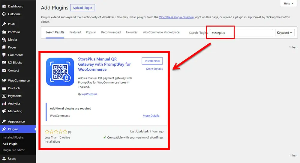 This screenshot shows the WordPress admin dashboard on the Add Plugins page. A red box highlights the search bar with the keyword storeplus entered. A red arrow points to the Install Now button for the StorePlus Manual QR Gateway with PromptPay for WooCommerce plugin to add manual QR payments.