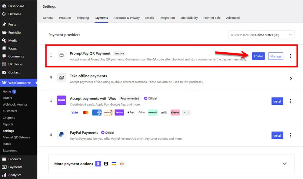 This image displays the WooCommerce Settings page under the Payments tab. A red box and arrow highlight the PromptPay QR Payment option in the list of payment providers. The Enable button is emphasized, showing store owners how to activate manual PromptPay QR code payments for their e-commerce customers during checkout.