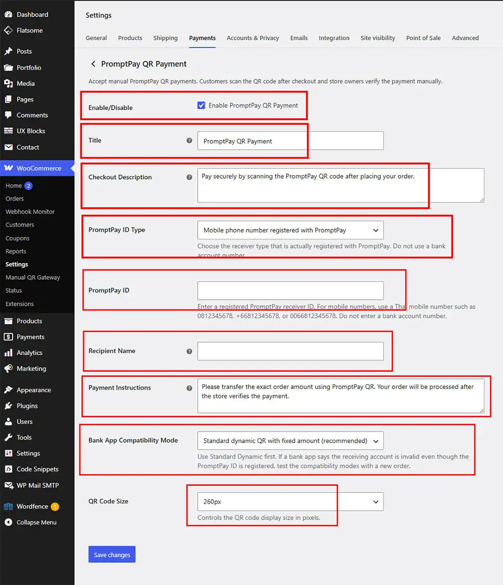 This screenshot shows the PromptPay QR Payment configuration page within the WooCommerce settings. Red boxes highlight essential setup fields, including the enable checkbox, title, description, PromptPay ID type, PromptPay ID, recipient name, instructions, and QR code size. These options allow extensive customization.