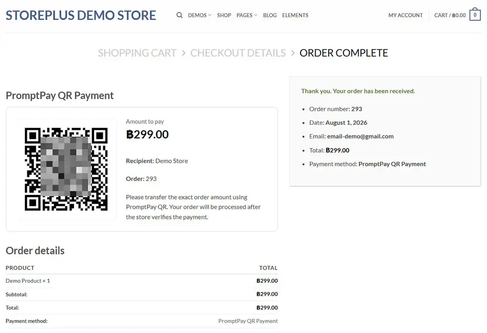 This image shows the Order Complete page on a store's frontend. It prominently displays a PromptPay QR code for manual scanning alongside the required payment amount. The page also lists the recipient details, specific payment transfer instructions, and a standard order summary confirming the customer's successful checkout process.