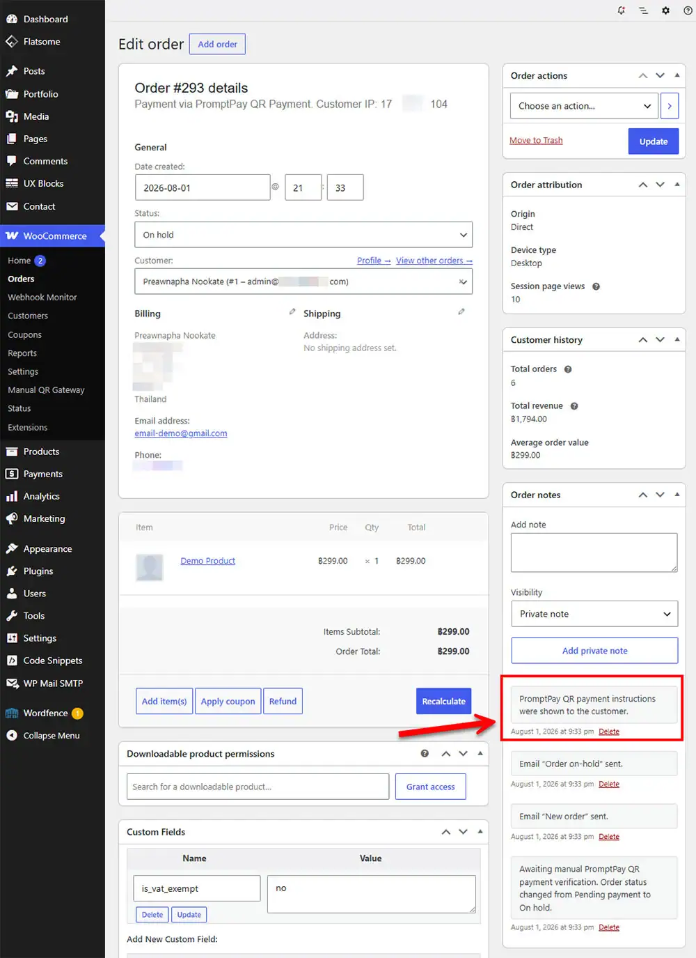A screenshot of the WooCommerce Edit order dashboard displaying details for a recent purchase. A red box and arrow specifically highlight an entry located in the Order notes sidebar. This note confirms that the PromptPay QR payment instructions were successfully displayed to the customer after their checkout.