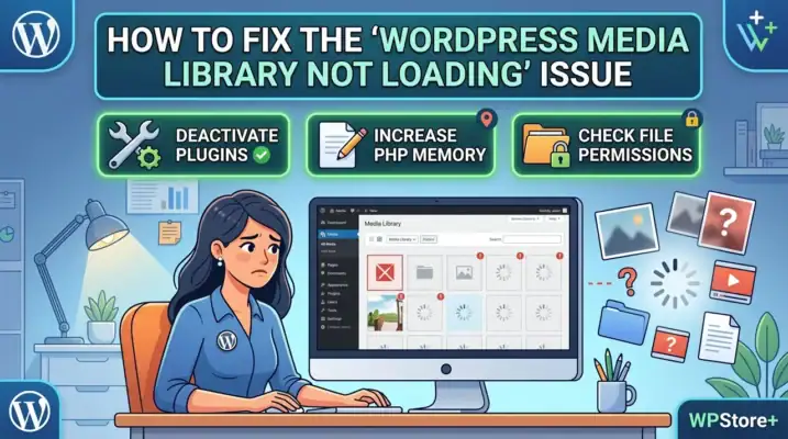 An illustration of a user fixing the WordPress Media Library Not Loading issue, showing a computer screen with broken image thumbnails alongside troubleshooting steps for plugins, memory, and file permissions.