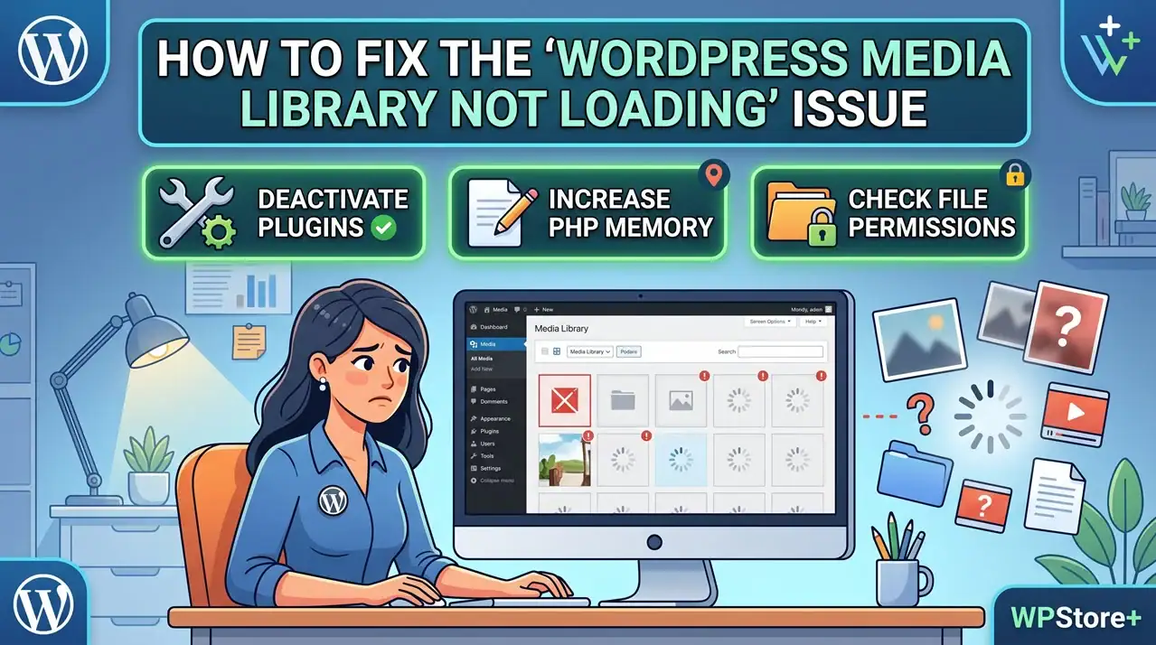 An illustration of a user fixing the WordPress Media Library Not Loading issue, showing a computer screen with broken image thumbnails alongside troubleshooting steps for plugins, memory, and file permissions.