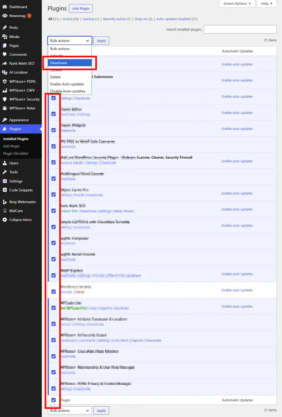 A screenshot of the WordPress plugins dashboard demonstrating how to bulk deactivate plugins. A vertical red box highlights all plugins being selected via the top master checkbox, and a horizontal red box highlights the 'Deactivate' option selected from the 'Bulk actions' dropdown menu