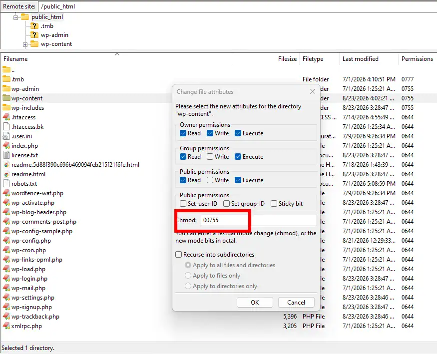 A screenshot of an FTP client interface displaying the 'Change file attributes' dialog box. A red box highlights the 'Chmod' numeric value field set to '0755', illustrating how to configure the correct file and directory permissions for WordPress folders.