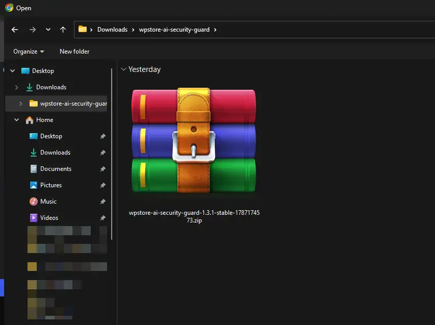 Locating the downloaded security plugin zip file on a local computer, which is the first essential step in the WordPress Security Checklist 2026.