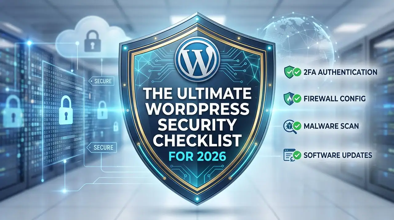 A digital security shield displaying The Ultimate WordPress Security Checklist 2026, highlighting essential website protection steps like 2FA authentication, firewall configuration, malware scanning, and software updates.