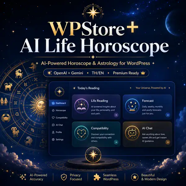 WPStore+ AI Life Horoscope plugin for WordPress with AI life reading, forecast, compatibility, AI chat, OpenAI and Gemini support
