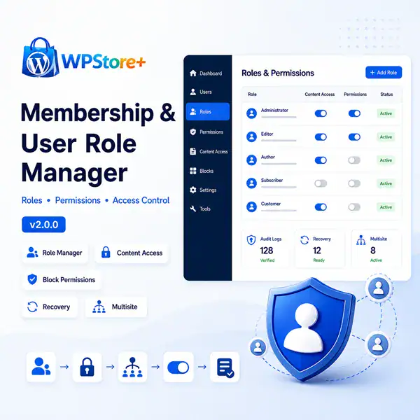 WPStore+ Membership & User Role Manager dashboard with role management, permissions, content access, recovery and Multisite features for WordPress.