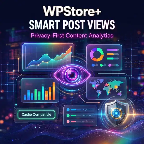 WPStore+ Smart Post Views dashboard showing rising WordPress traffic analytics, content charts, privacy shield, visitor insights, and cache compatibility features.