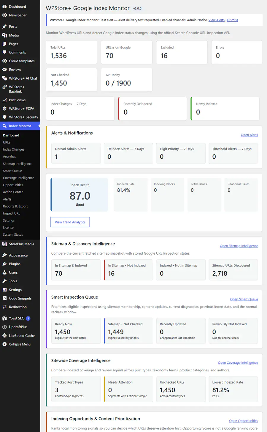 WPStore Google Index Monitor dashboard showing Google indexing status, Index Health Score, URL inventory and monitoring summaries.