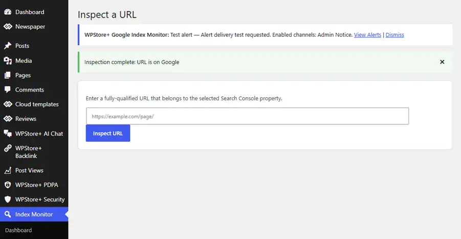 Google URL inspection screen in WordPress showing index verdict, coverage, canonical, fetch state, robots status and last crawl.