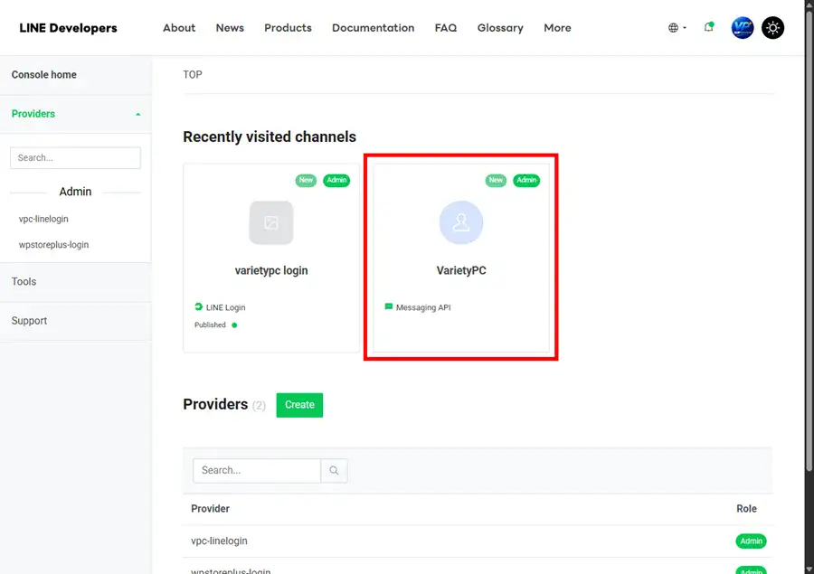 LINE Developers Console showing Messaging API channel for LINE Official Account.
