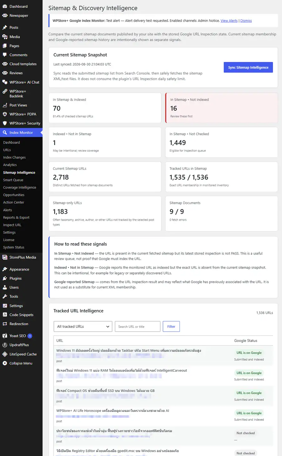 Sitemap Intelligence dashboard comparing current sitemap URLs with Google indexed, not indexed and unchecked URL statuses.