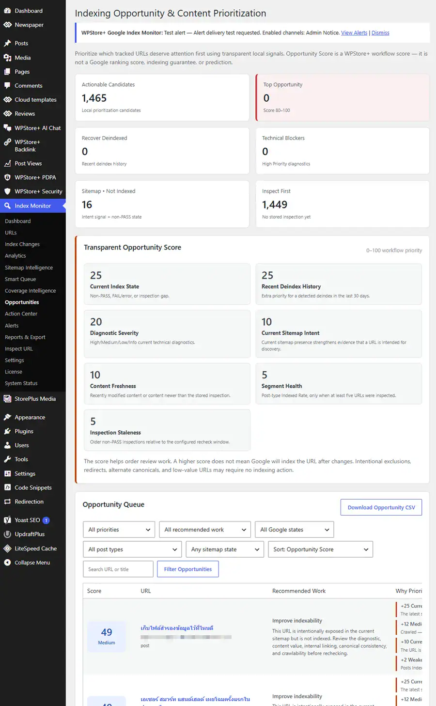 Indexing Opportunities dashboard ranking WordPress URLs by opportunity score with diagnostics, sitemap intent and content freshness factors.