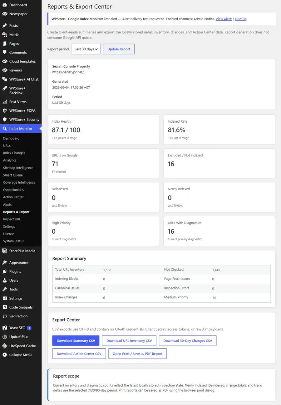 Google Index Monitor alerts and reporting tools for deindex detection, indexing issues, CSV exports and printable reports.