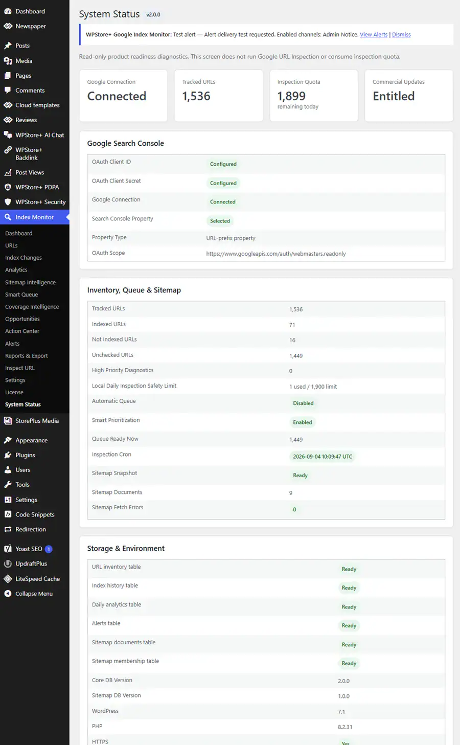 WPStore Google Index Monitor System Status showing Google connection, queue, sitemap, database, license and updater diagnostics.
