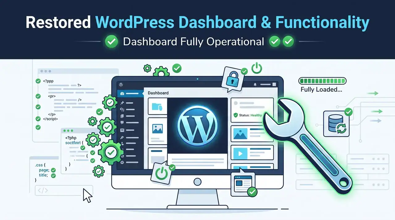A clean vector illustration showing a restored WordPress admin dashboard on a monitor, with green gears, PHP/CSS code panels, and checkmarks, symbolizing successful system recovery and functional restoration.