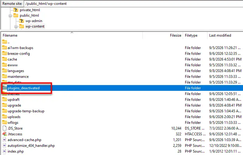 Renaming the WordPress plugins directory to plugins_deactivated via FTP client to disable conflicting plugins
