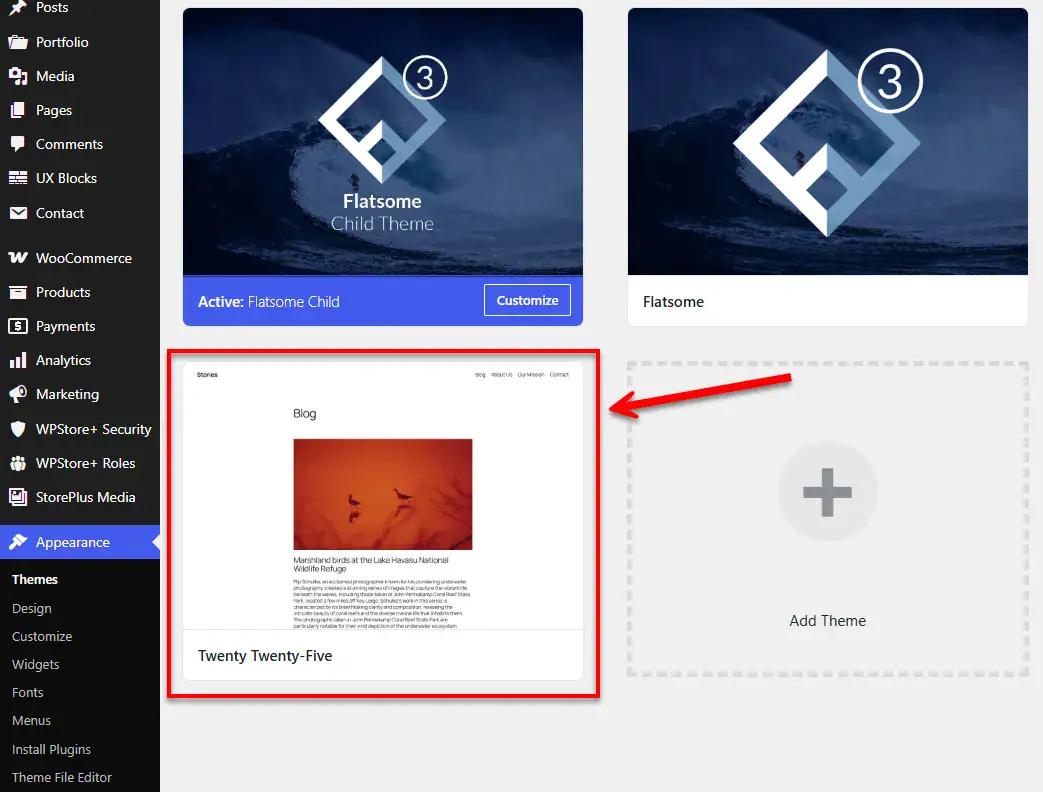 Switching from active custom theme to a default WordPress theme like Twenty Twenty-Five in the admin dashboard