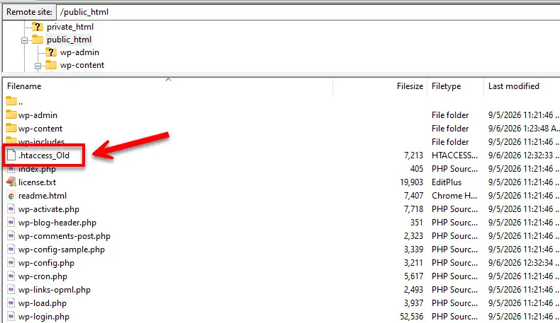 Renaming the corrupted .htaccess file to .htaccess_Old in the public_html root directory using an FTP client