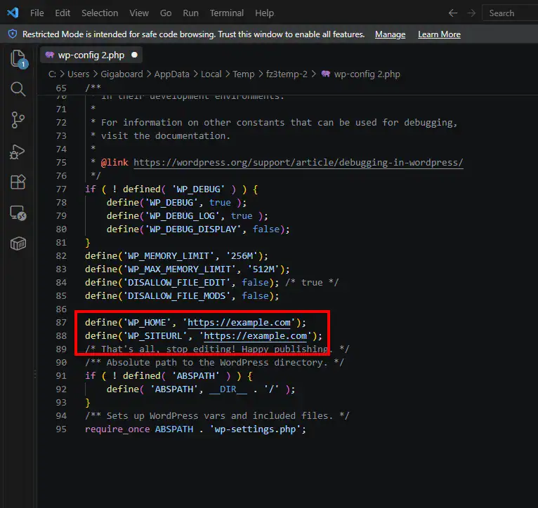 Editing WP_HOME and WP_SITEURL constants in wp-config.php to resolve WordPress redirect loop