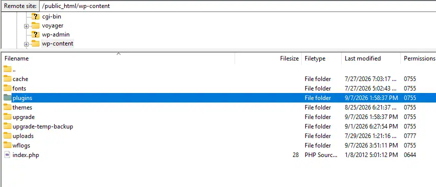 Accessing the WordPress plugins directory via FTP to deactivate conflicting plugins