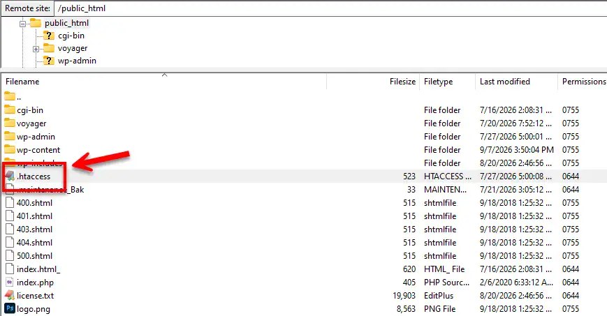 Locating and resetting the .htaccess file in the public_html root directory using FTP