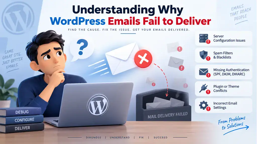 Illustration explaining common reasons WordPress emails fail to deliver, including server issues, spam filters, missing SPF, DKIM and DMARC authentication, plugin conflicts, and incorrect email settings.