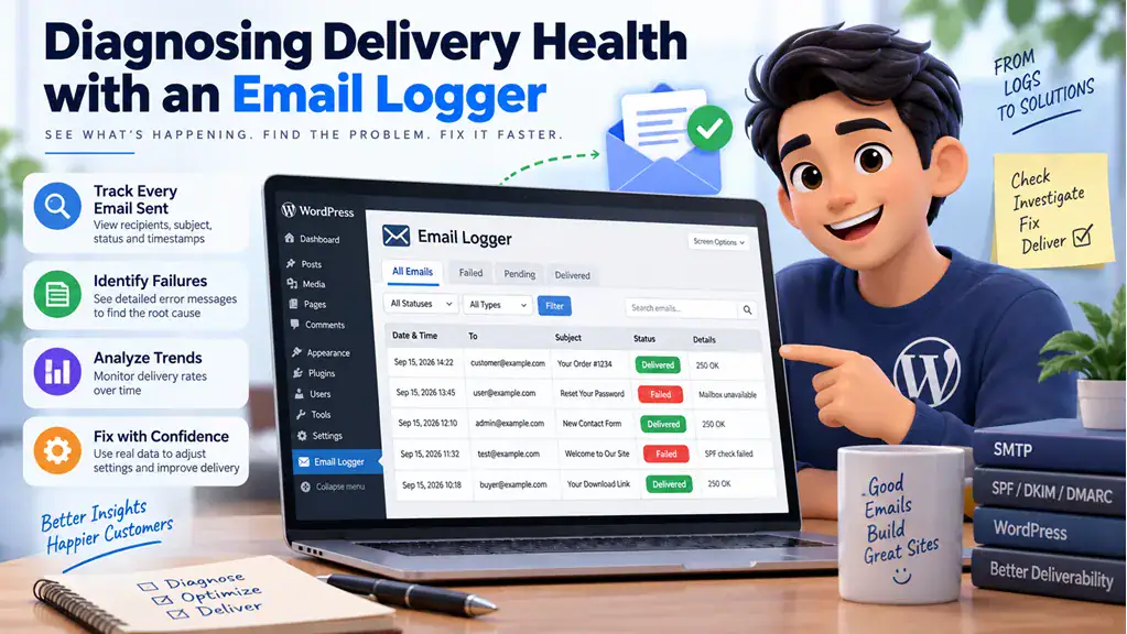 WordPress Email Logger dashboard showing how to diagnose email delivery health by tracking sent emails, delivery status, failures, error messages, and email authentication issues.