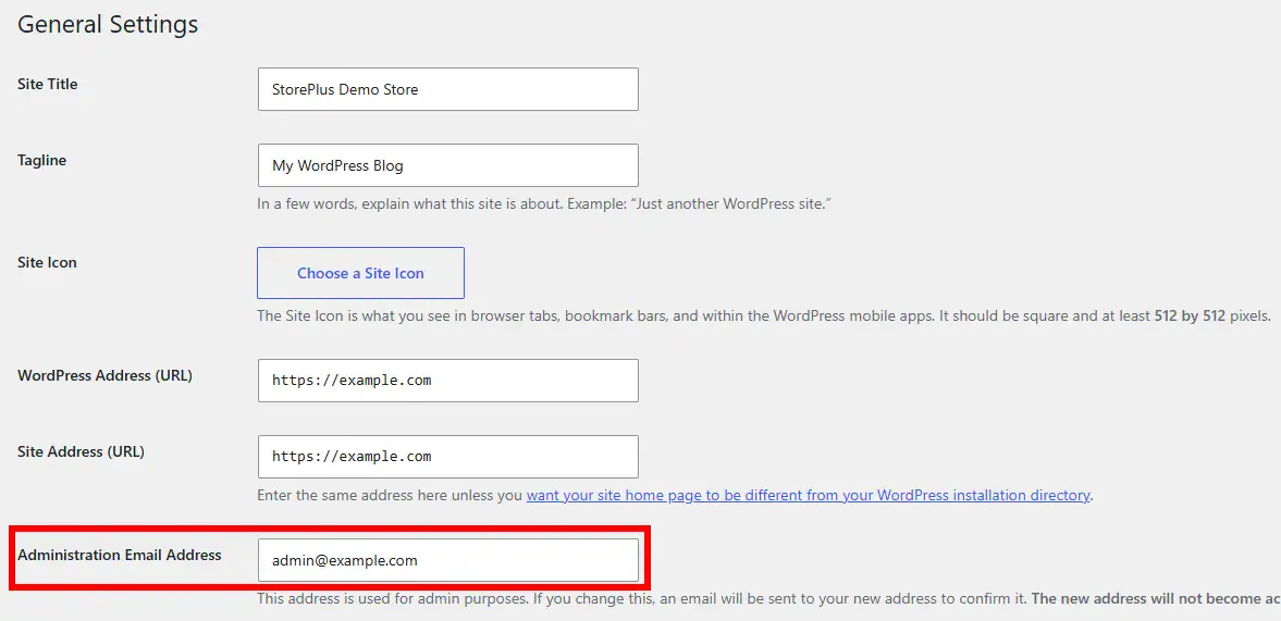 WordPress General Settings page highlighting the Administration Email Address field used for website admin notifications.