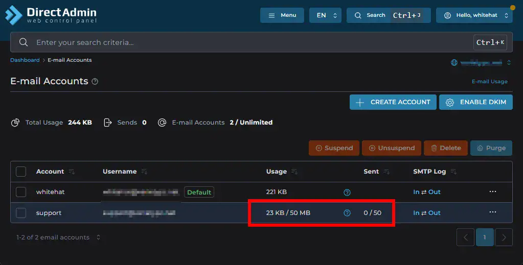 DirectAdmin E-mail Accounts page showing mailbox usage and daily email sending limits for an email account.