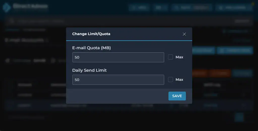DirectAdmin Change Limit and Quota settings for adjusting the email mailbox quota and daily sending limit.