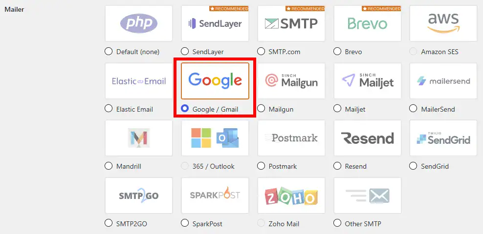 WP Mail SMTP mailer settings in WordPress showing Google Gmail selected as the email sending service.