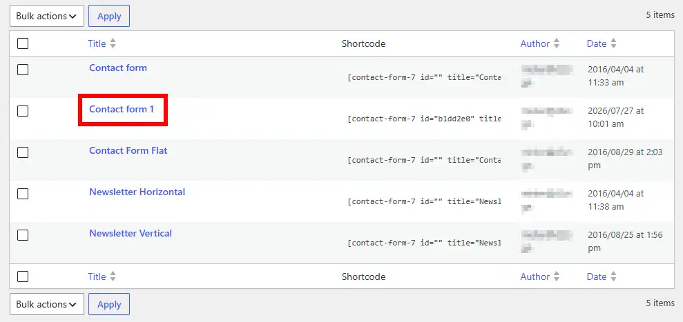 Contact Form 7 forms list in the WordPress dashboard showing Contact Form 1 selected for email configuration.