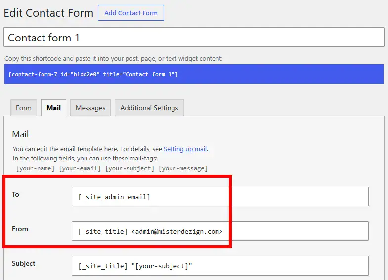Contact Form 7 Mail settings in WordPress showing the To and From email address fields used for form notifications.