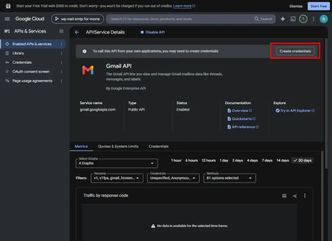 Select Gmail API and User data